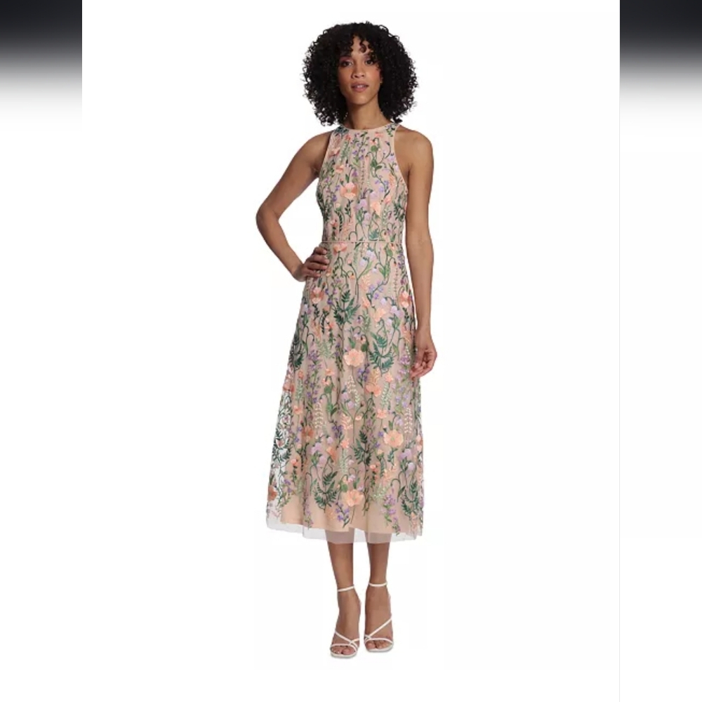 Maggy London Floral Embroidered Midi Dress - Pink and Green